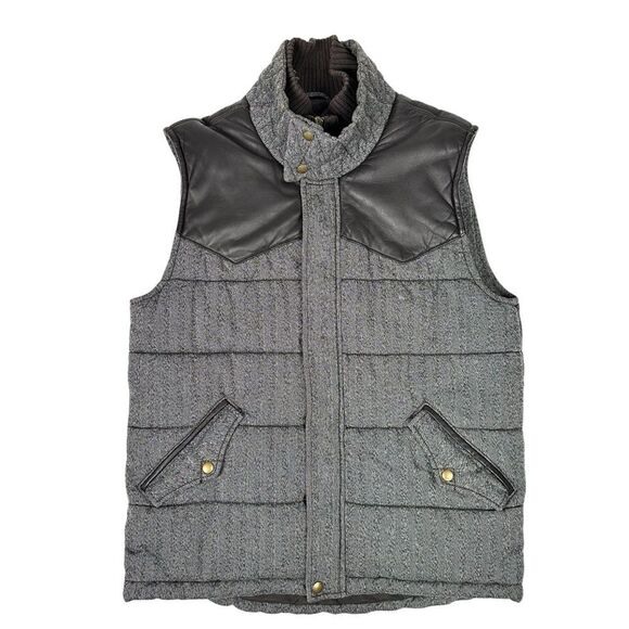 7 For All Mankind Men’s M Puffer Vest Leather Yoke Full Zip Snap Gray Brown - Picture 1 of 6